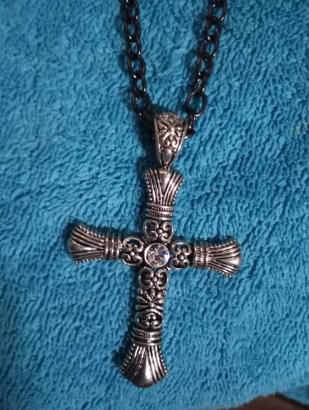 Silver Tone Ornate Cross Pendant Necklace On Black Chain With Accents At Clasp